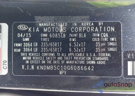 2016 Kia Sedona Lx z USA, uszkodzony, nr VIN KNDMB5C10G6086642